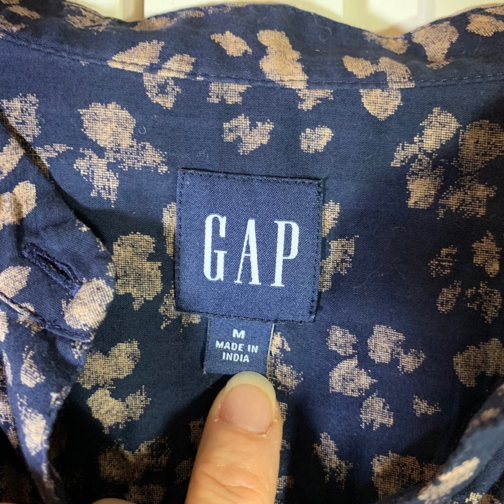 Gap Navy Blue Tan Abstract Print Shirred Popover Cotton Blouse Medium Church - Picture 2 of 10